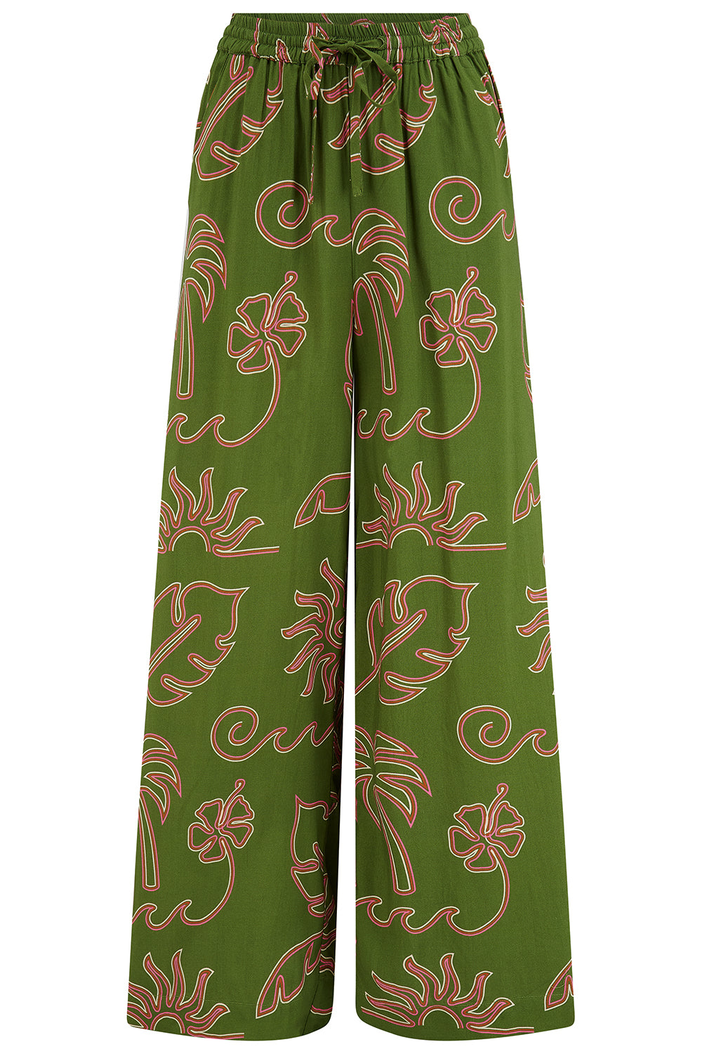 Trinny Wide Leg Trousers - Khaki, Tropical Line Drawing