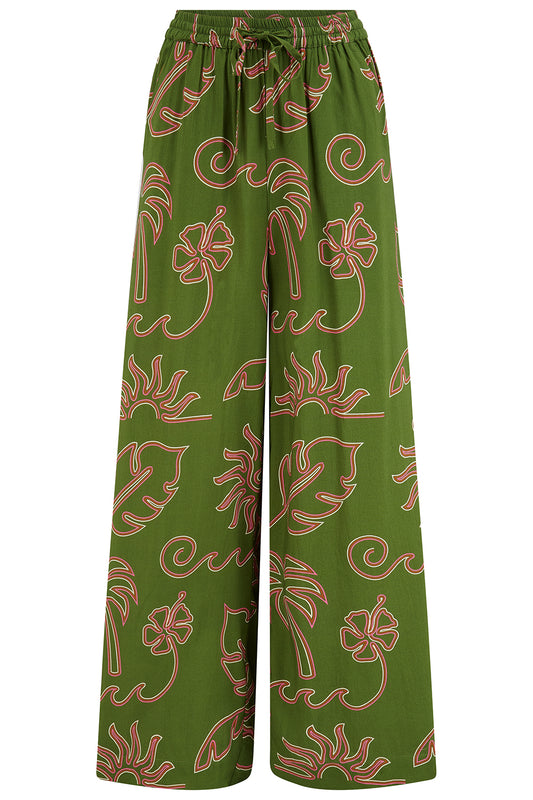 Trinny Wide Leg Trousers - Khaki, Tropical Line Drawing