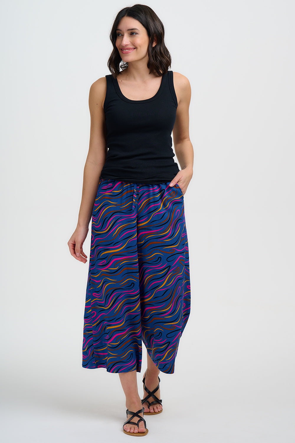 Ameera Cropped Wide Leg Trousers - Bright Navy, Jazz Waves