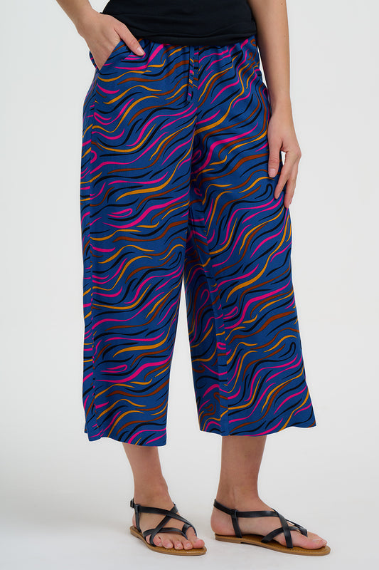 Ameera Cropped Wide Leg Trousers - Bright Navy, Jazz Waves