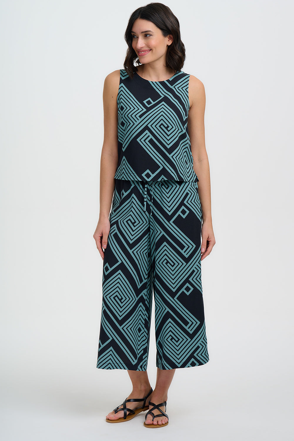 Ameera Cropped Wide Leg Trousers - Black/Green, Geometric Lines