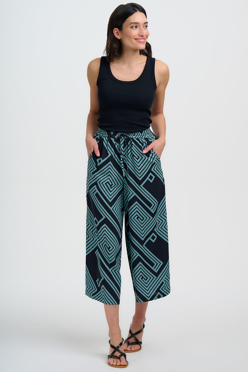 Ameera Cropped Wide Leg Trousers - Black/Green, Geometric Lines