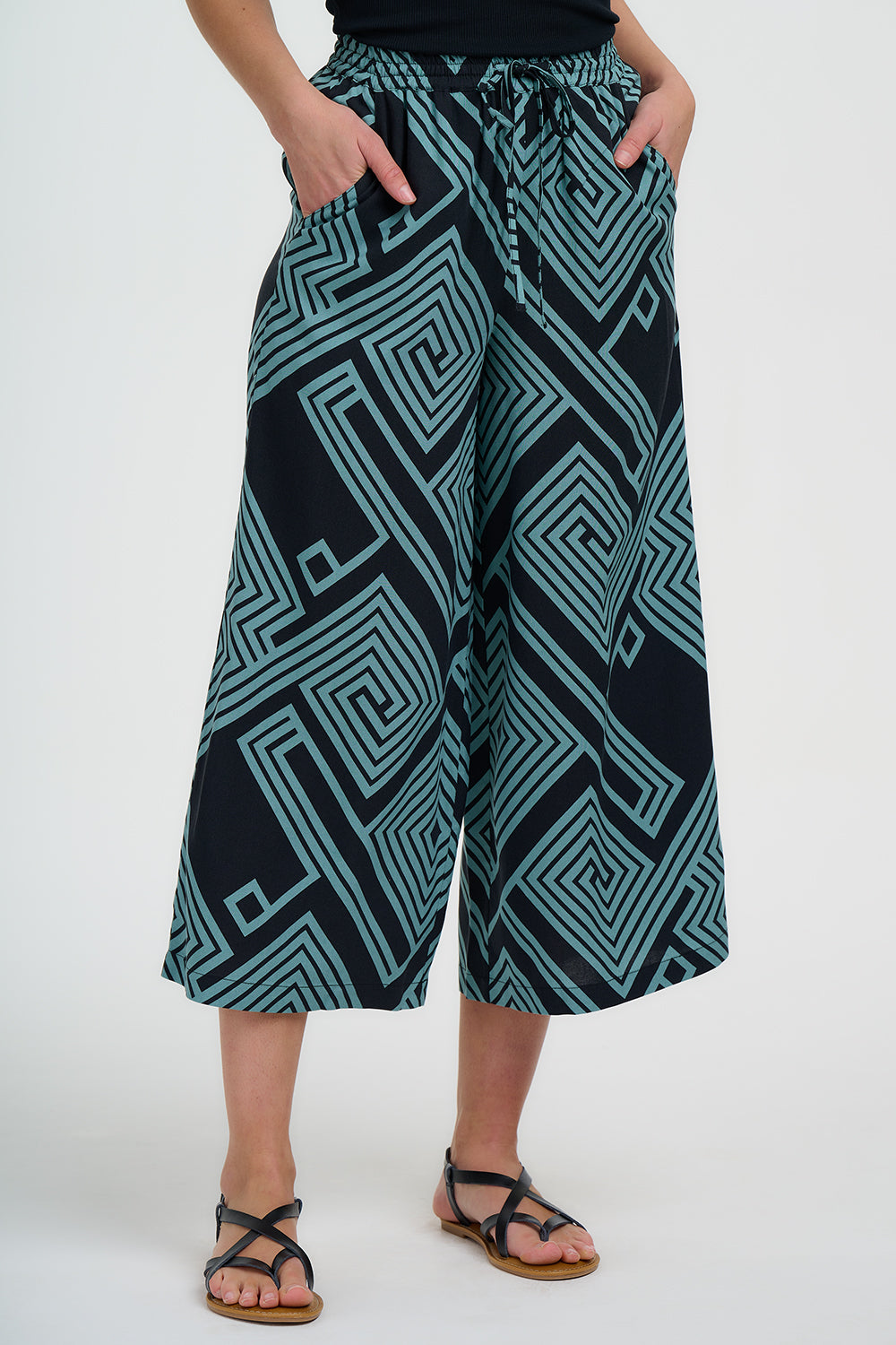 Ameera Cropped Wide Leg Trousers - Black/Green, Geometric Lines