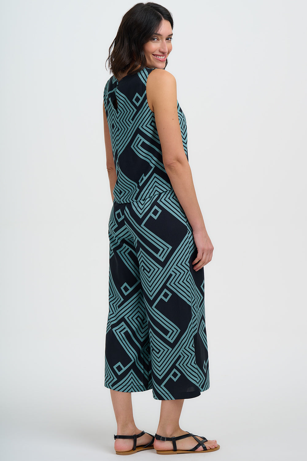 Ameera Cropped Wide Leg Trousers - Black/Green, Geometric Lines