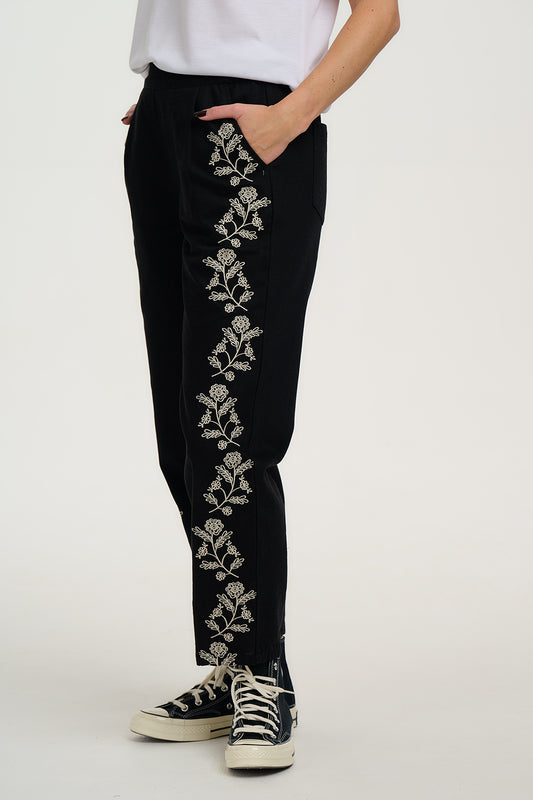 Calista Trousers - Black, Ecru Floral