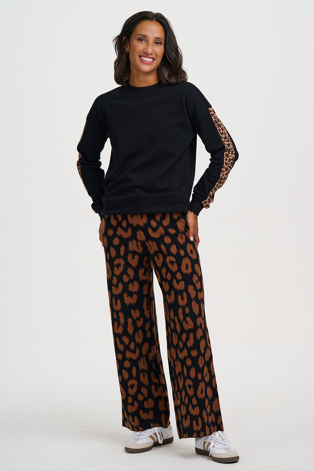 Paulette Knit Trousers - Black, Brown Leopard
