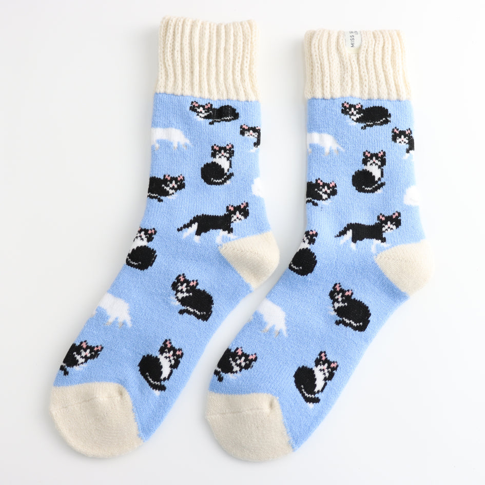 Winter Socks - Black & White Cats Powder Blue