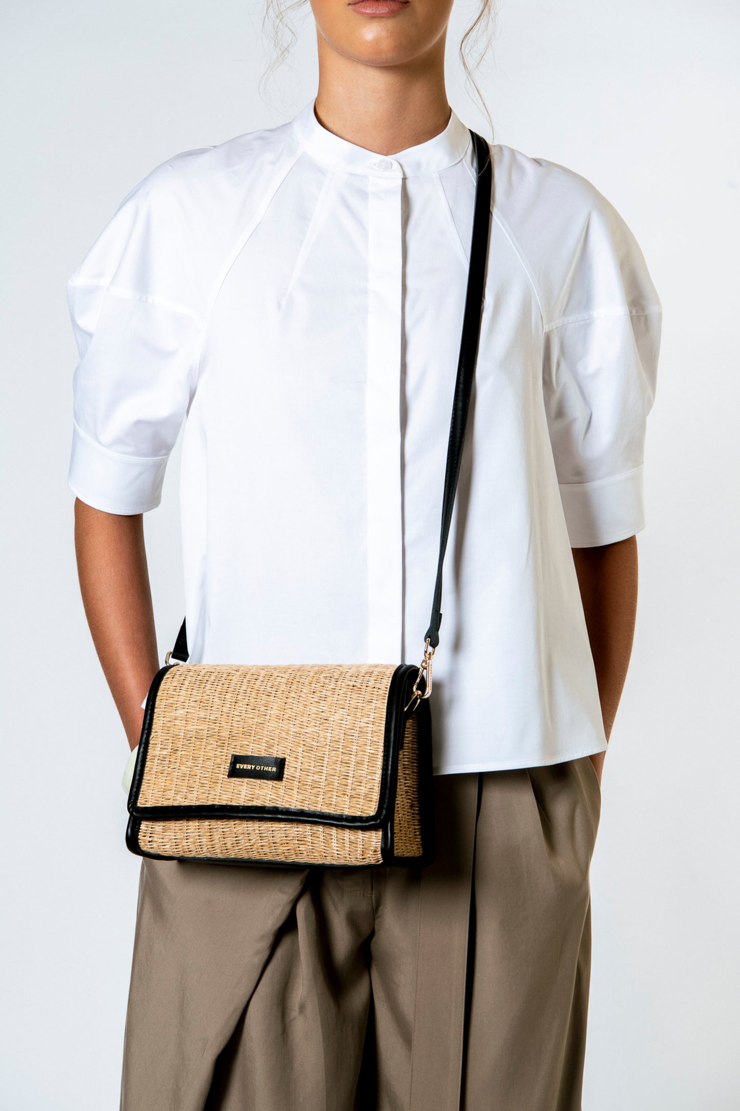 Straw Flap Over Cross Body Bag - Black