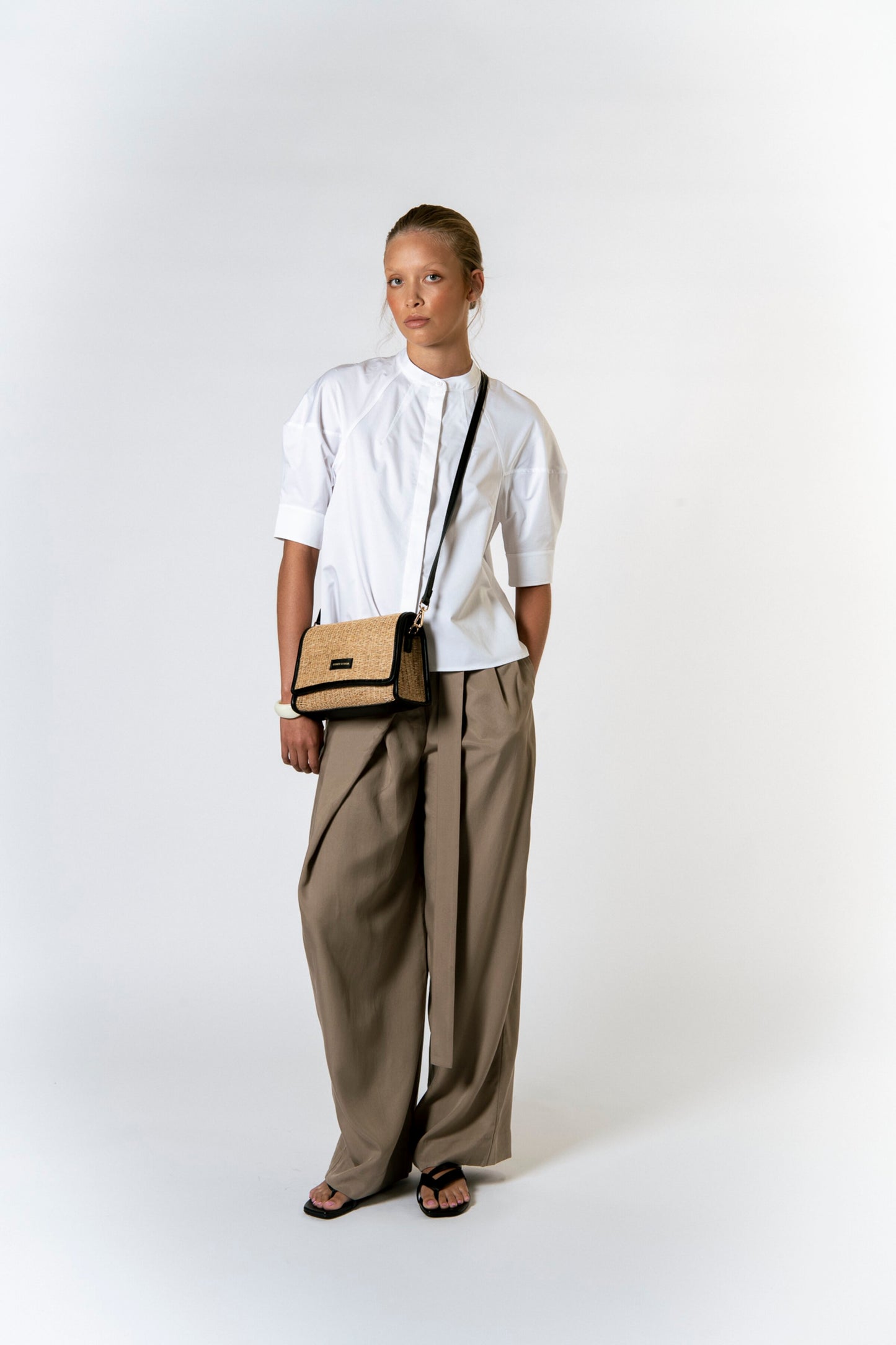 Straw Flap Over Cross Body Bag - Black