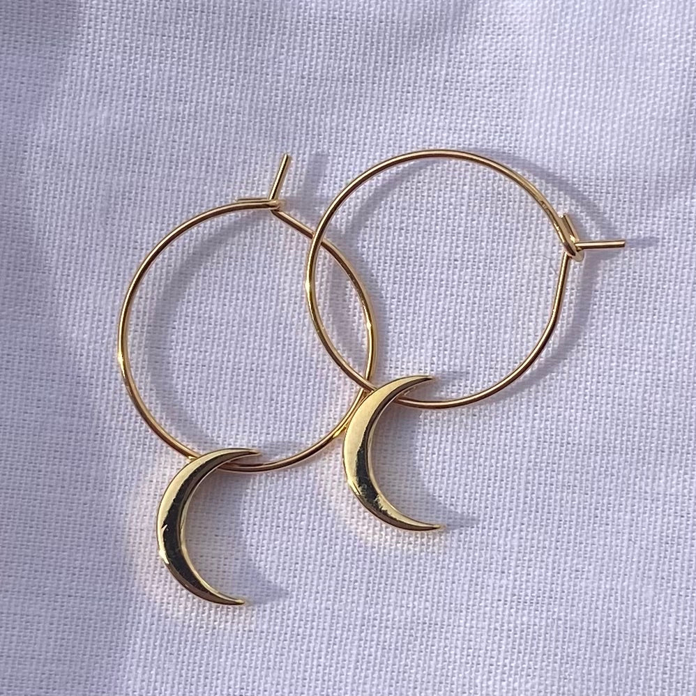 Gold Moon Charm Hoop Earrings - Lisa Angel