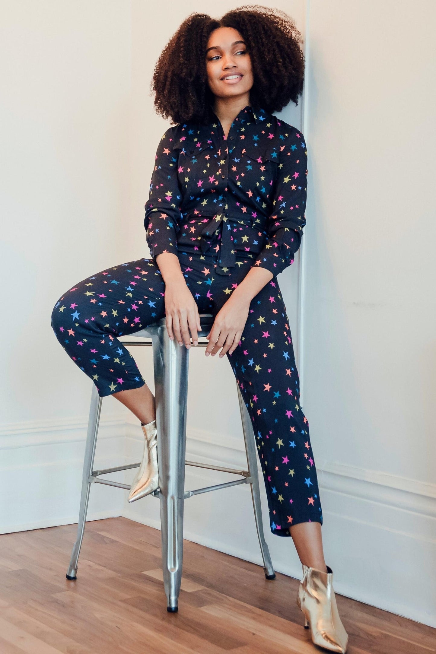 Charlie Jumpsuit - Black, Rainbow Star Confetti