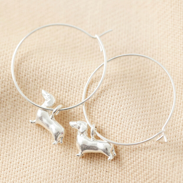 Sausage Dog Charm Hoop Earrings in Silver - Lisa Angel