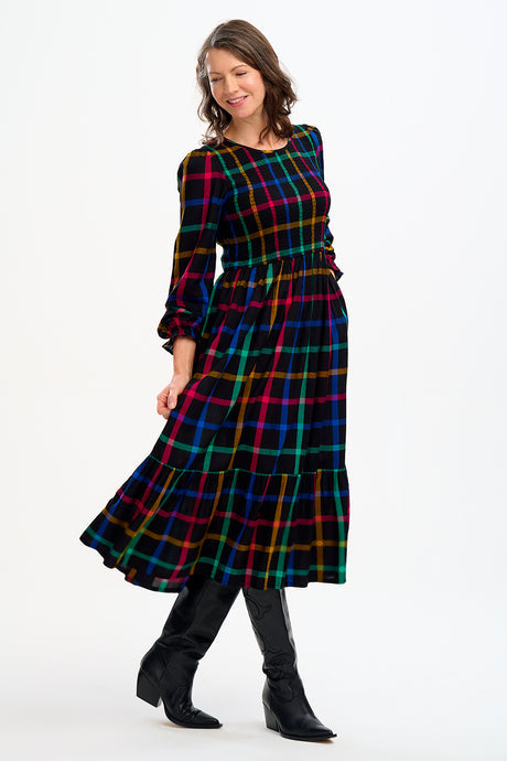 Penny Midi Shirred Dress - Black, Rainbow Check