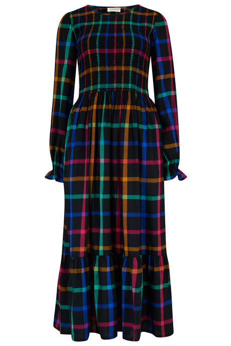 Penny Midi Shirred Dress - Black, Rainbow Check