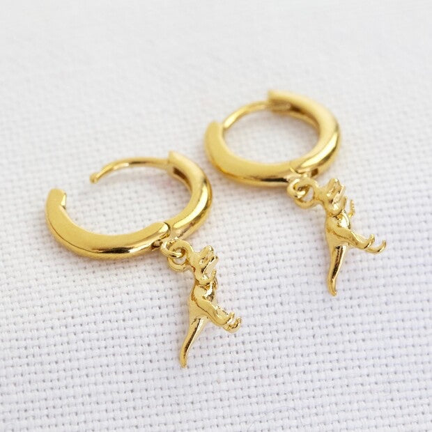 T-Rex Dinosaur Huggie Hoop Earrings in Gold - Lisa Angel