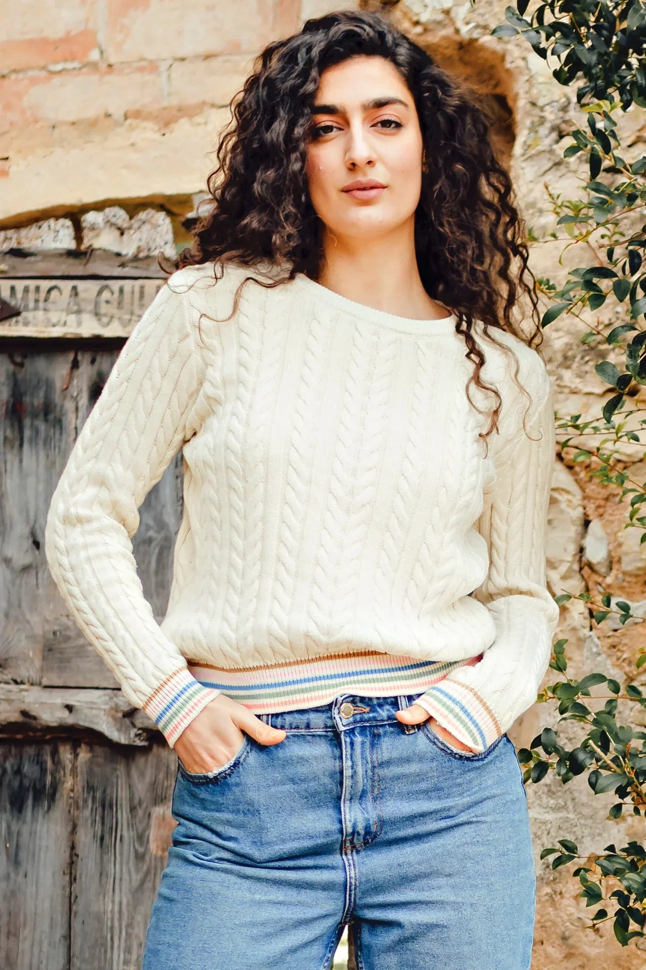 Barbara Cable Knit Jumper - Cream, Rainbow Tipping