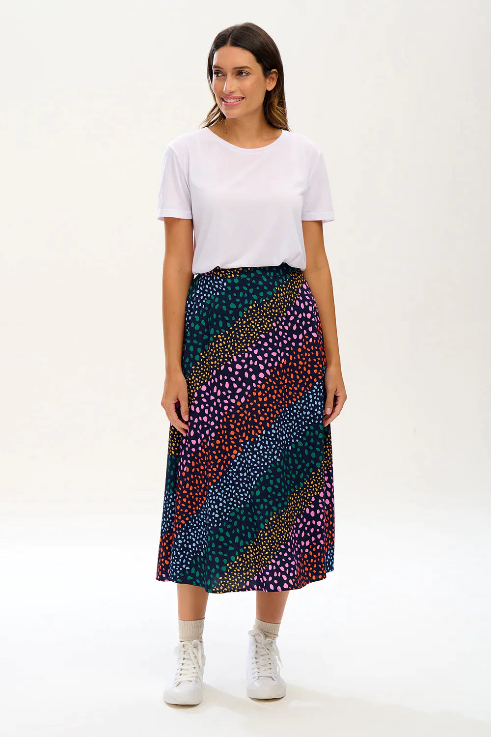 Zora Skirt - Navy/Multi, Painterly Spot Stripe