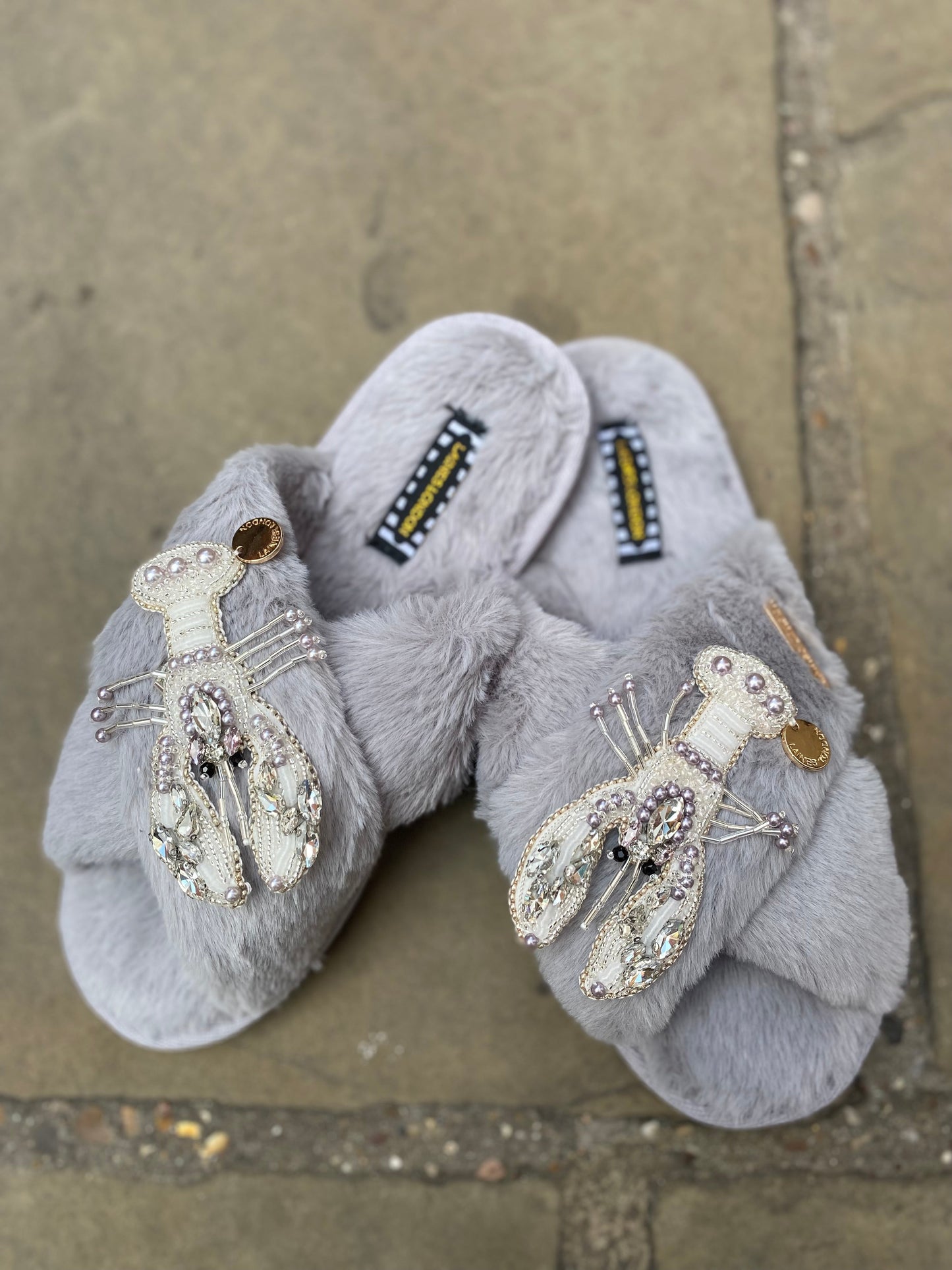 Double Silver and Pearl Lobsters on Classic Grey Slippers