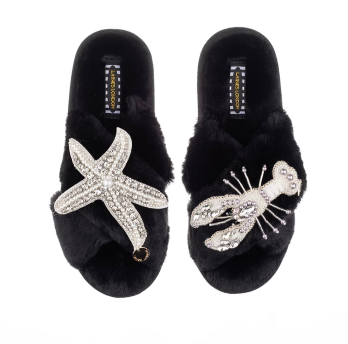 🖤Artisan Double Silver Lobster & Starfish on Black Classic Slippers🖤